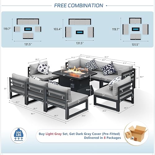 Miniatura 150 de NICESOUL 7 Piece White Powder-Coated Aluminum Patio Furniture with Fire Pit Table, 29 Inch Extra Wide Outdoor Sectional Sofa for 6, High-End Heavy