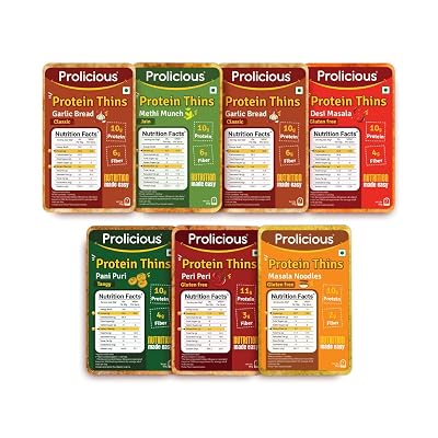 Prolicious High Protein Thins Combo | NO Palm Oil | Crispy | Methi, Pani Puri, Garlic Bread (2), Peri Peri, Masala Noodl