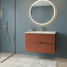 SANIVERRE EVA Meuble Simple Vasque L.80 cm à Suspendre Chêne Moka 2 Tiroirs Brique Cannelé (sans Colonne) Salle de Bain