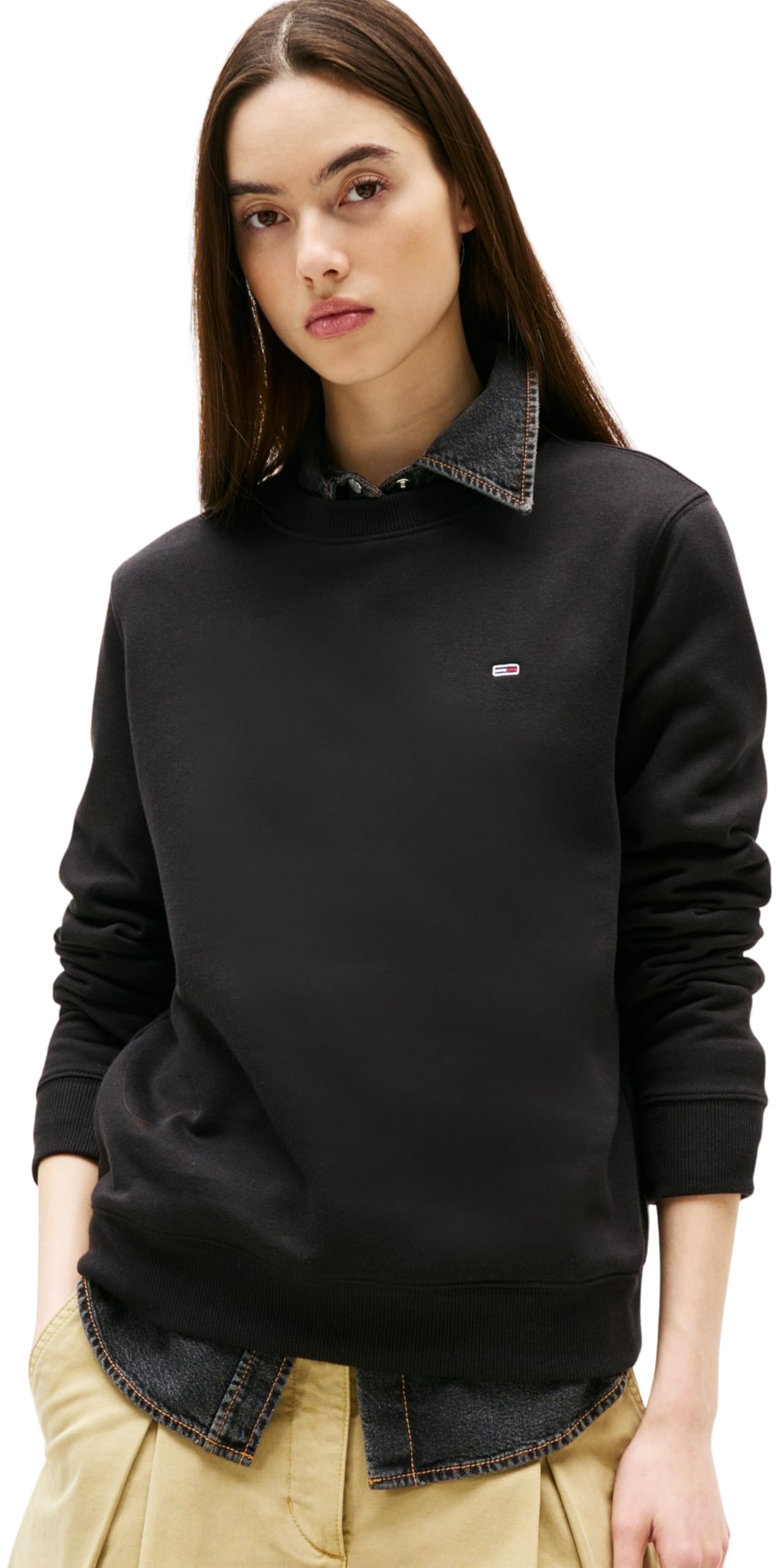 Tommy Jeans Women's Tjw Reg S Flag Crew Dw0dw19959 Pullover Sweatshirt, Black (Black), S