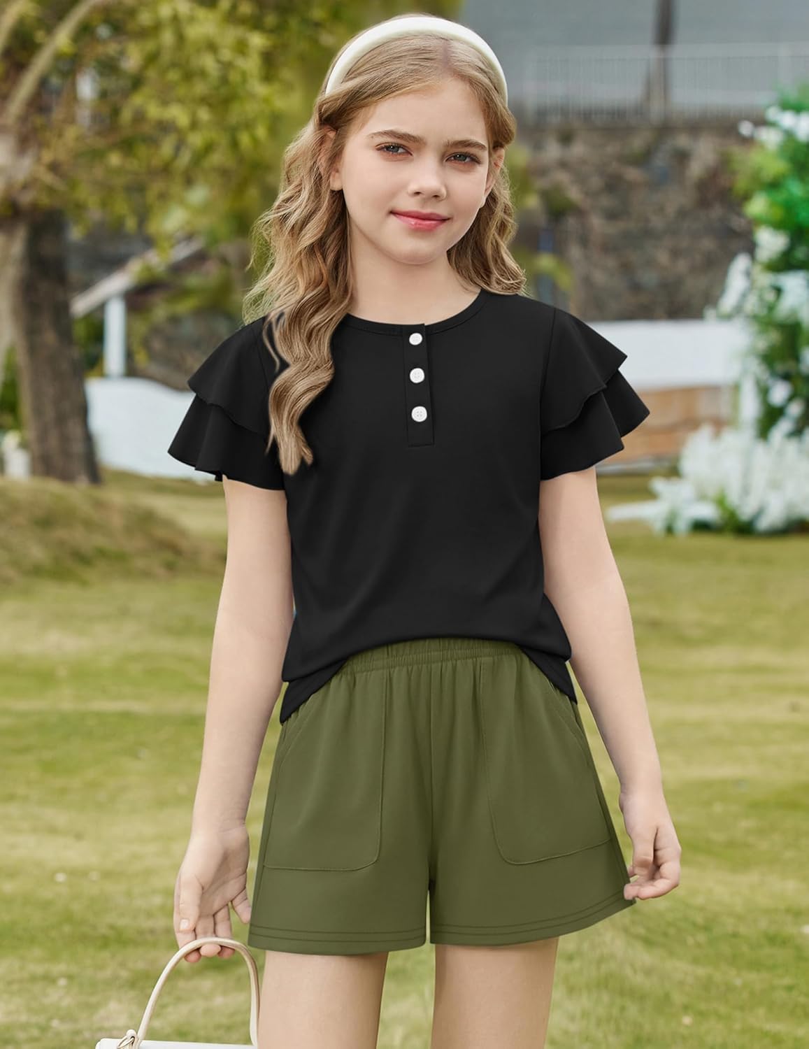 Arshiner Girls Summer Outfits 2 Piece Sets Ruffle Short Sleeve Button Down Shirts and Shorts Set Kids Clothes with Pockets - Image 8