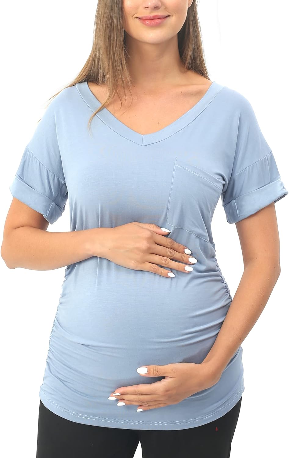 Rnxrbb Long Enough Maternity Shirts Short Sleeve Summer Pregnancy Tops& Tees Clothes V Neck Casual Outfits for Women 3 Pack - Image 3