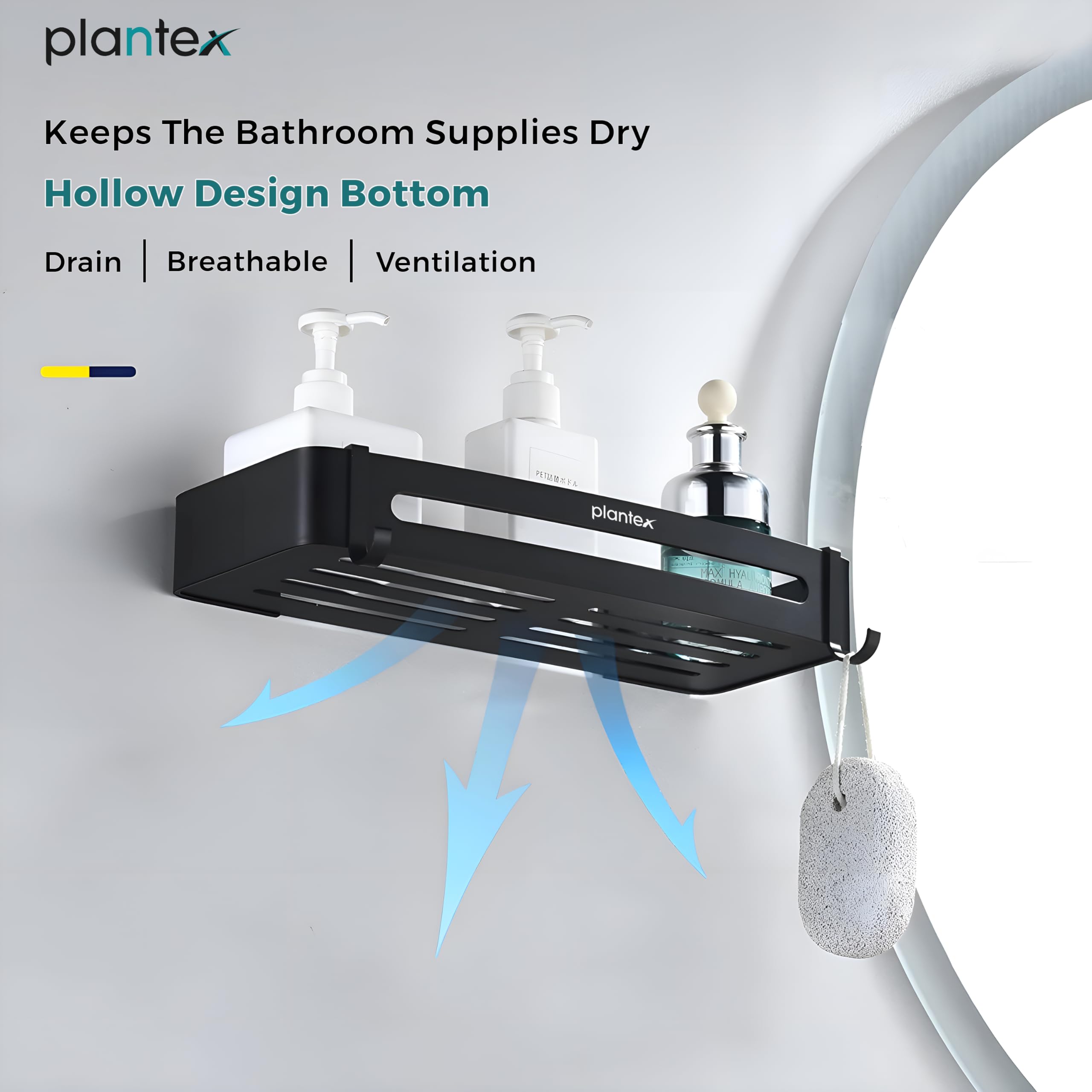 Plantex Bathroom Shelf for Wall/Space Aluminium Wall Mounted Shelf for Bathroom with Removable Hooks/Floating Shelf/Bathroom Organiser - 12x5 inches, Black (Pack of 1) — Amazon image 5