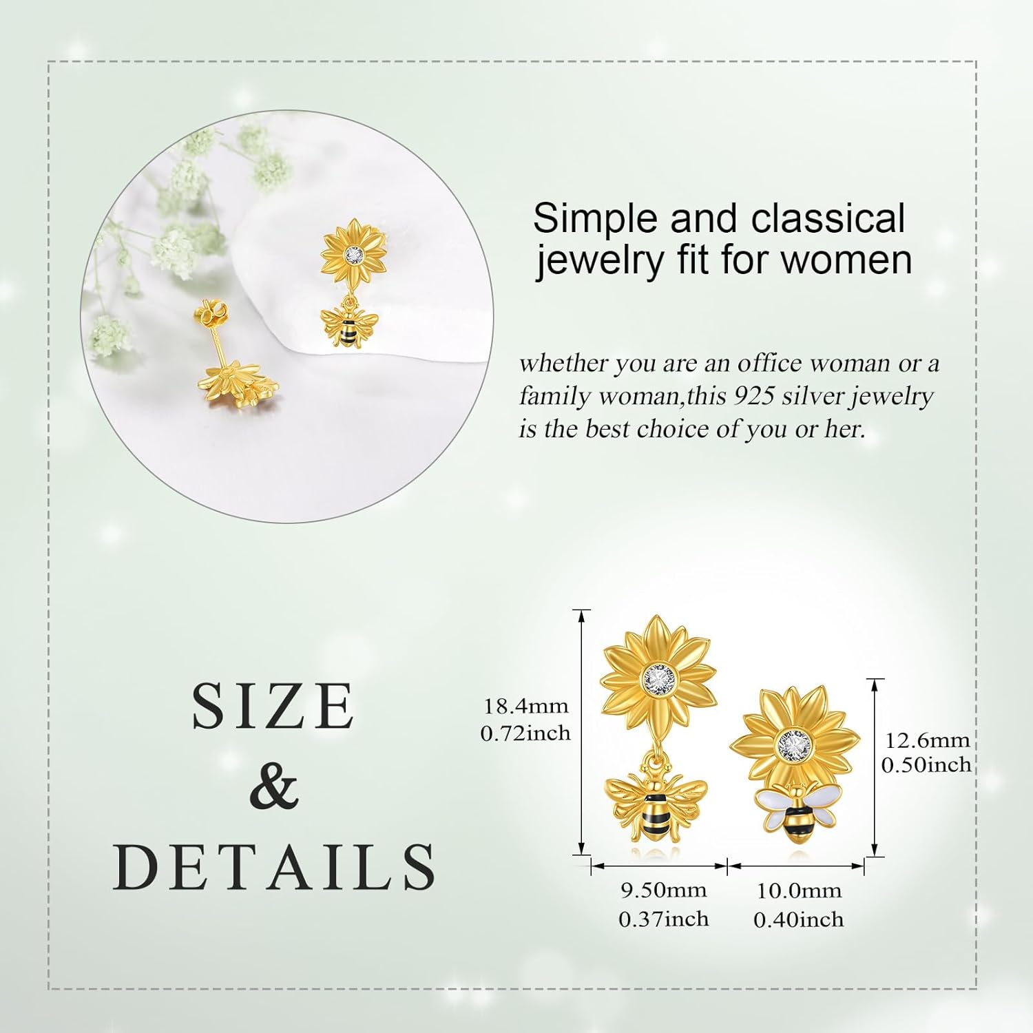 Bee Earrings for Women 925 Sterling Silver Sunflower Bee Stud Earrings 18K Gold Plated Bee Jewelry for Women - Image 4