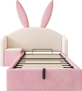 Youth Bed 90 x 200 cm with Hydraulic Bed Box Upholstered Bed with Bedside Table and Rabbit Ear Design Velvet Fabric Bed Frame Without Mattress Beige & Pink