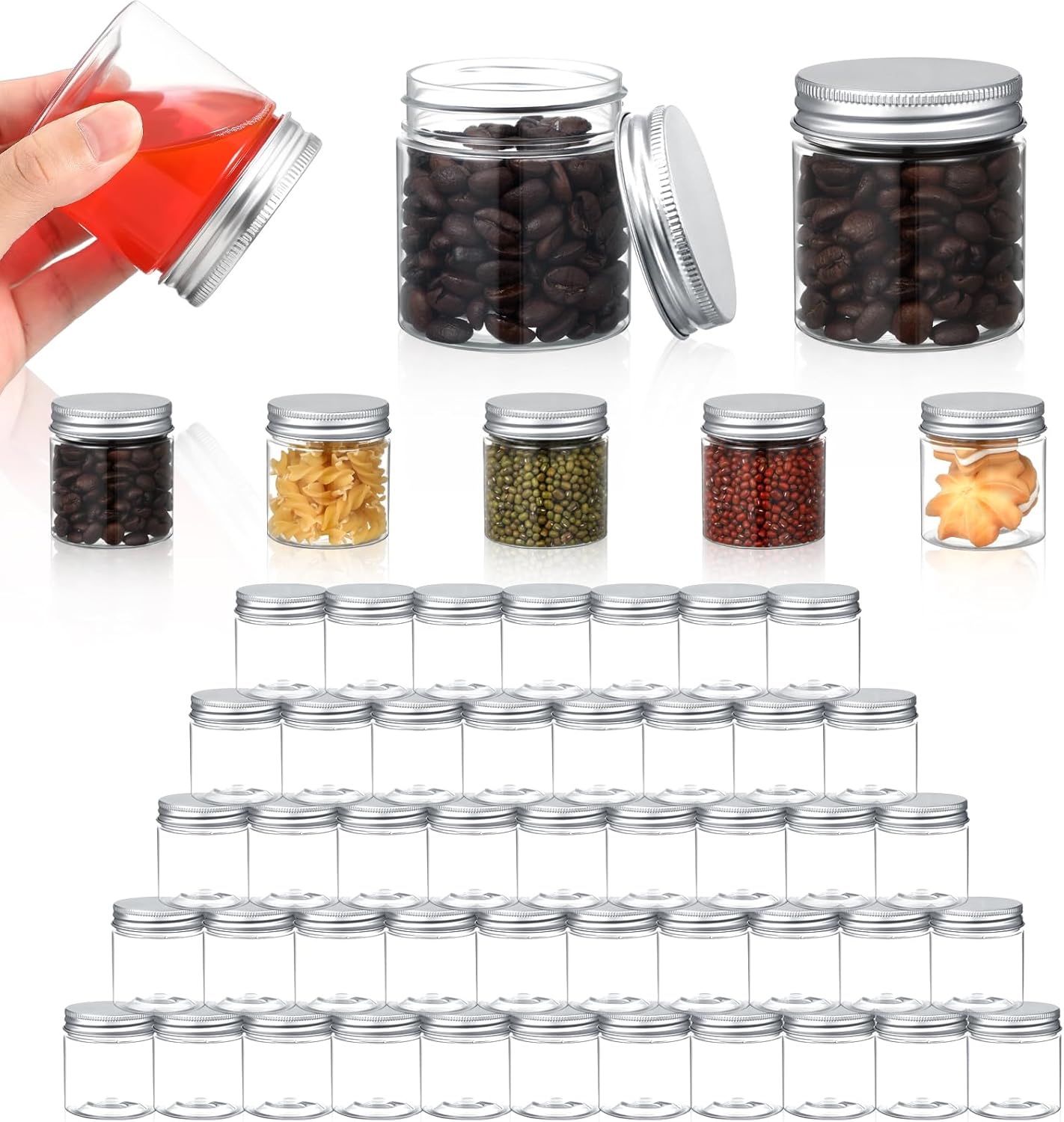 Thyle 100 Pcs Clear Plastic Jars with Lids, 4oz Refillable Containers for Cosmetics, Lotions, and Ointments, Empty Cosmetic Containers for Kitchen Household Storage (Silver)