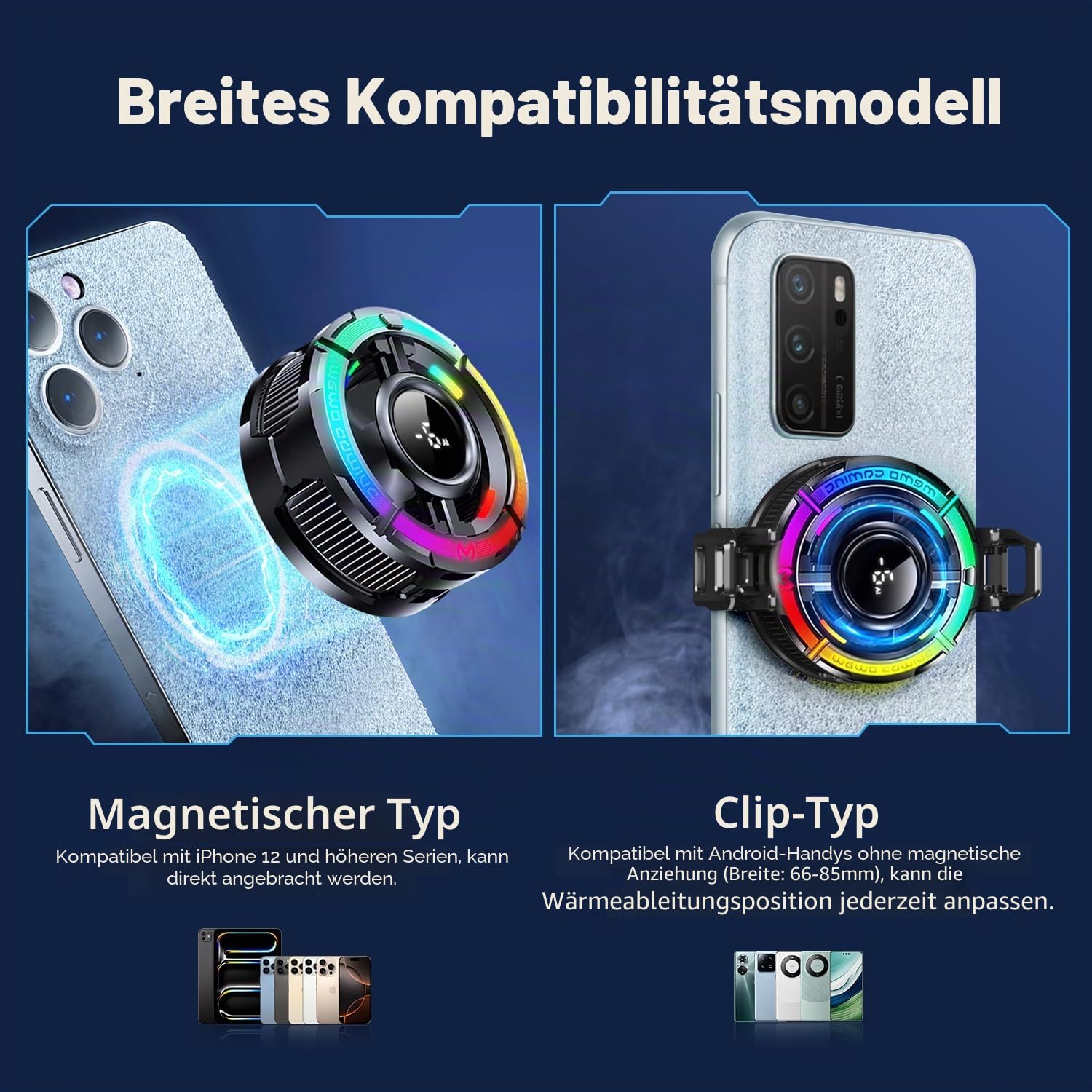 Magnetischer Handy-Kühler für Gaming, Handy-iPhone-Ventilator für heißes Wetter, tragbarer RGB-Handyhülle, Ventilador para Telefono iPad, halten Sie das Telefon kühl, für iPhone/Android-Serie