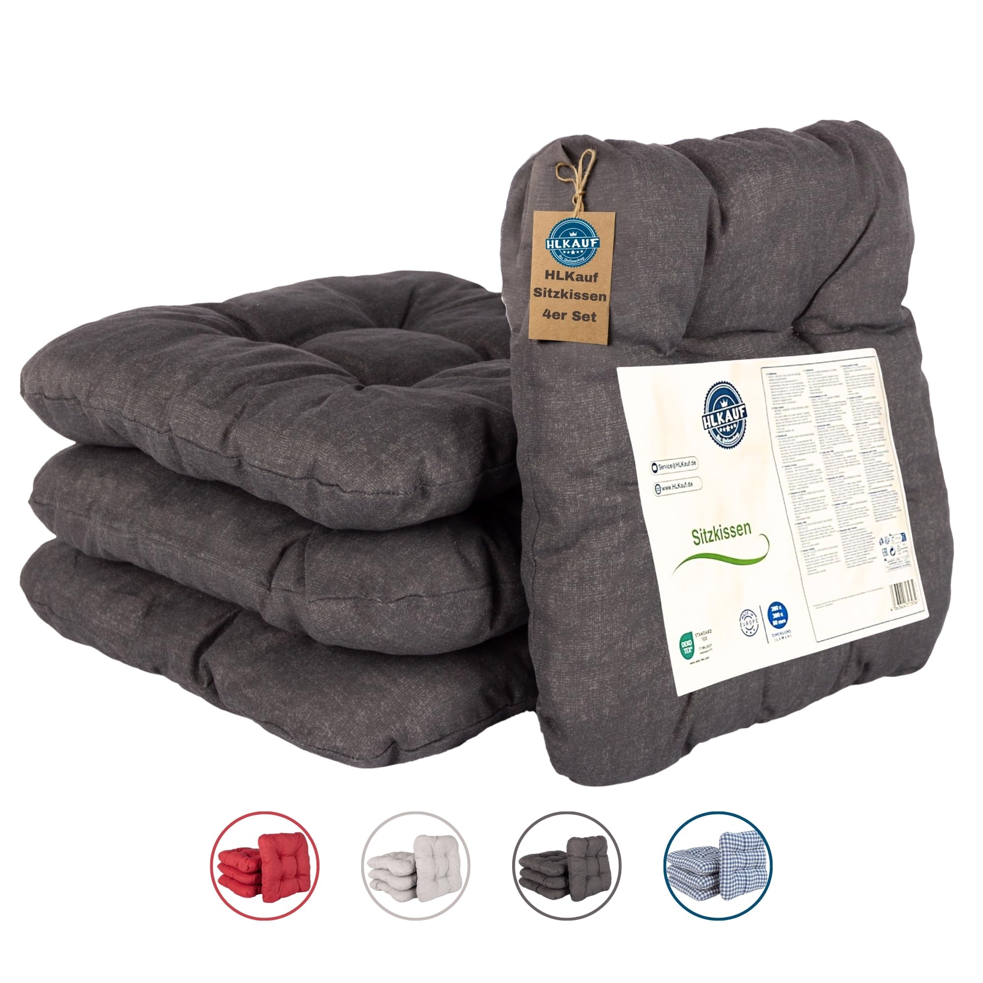 HLKauf 8er Set Anthrazit Sitzkissen 36x36x6 cm | weiche Kissen | Für Garten, Camping, Gastronomie oder Bistro | Oeko-Tex und Made in EU
