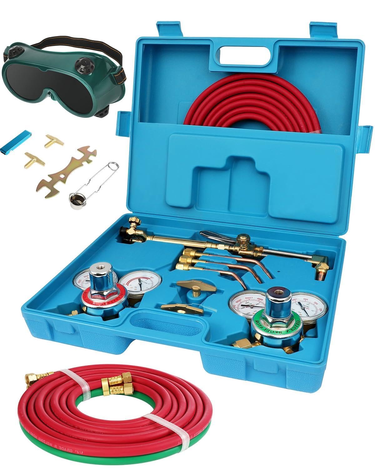 Oxy Acetylene Torch Kit, Cutting Torch Kit, Gas Welding Kits, Professional Brazing Set, Portable Oxygen Acetylene Welder Set Include Nozzles, Regulator, Hoses, Check Valves, Gauges, Storage Case Blue