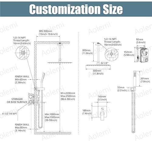 Miniatura 6 de Aolemi Sistema de ducha de montaje en techo, cabezal de ducha de lluvia de 12 pulgadas con rociador de mano de alta presión, válvula áspera y