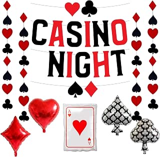 Casino Night Decorations - Glitter Poker Banner, Ceiling Hanging Swirl Spades Heart Foil Balloons, Las Vegas Poker Games & Birthday Supplies