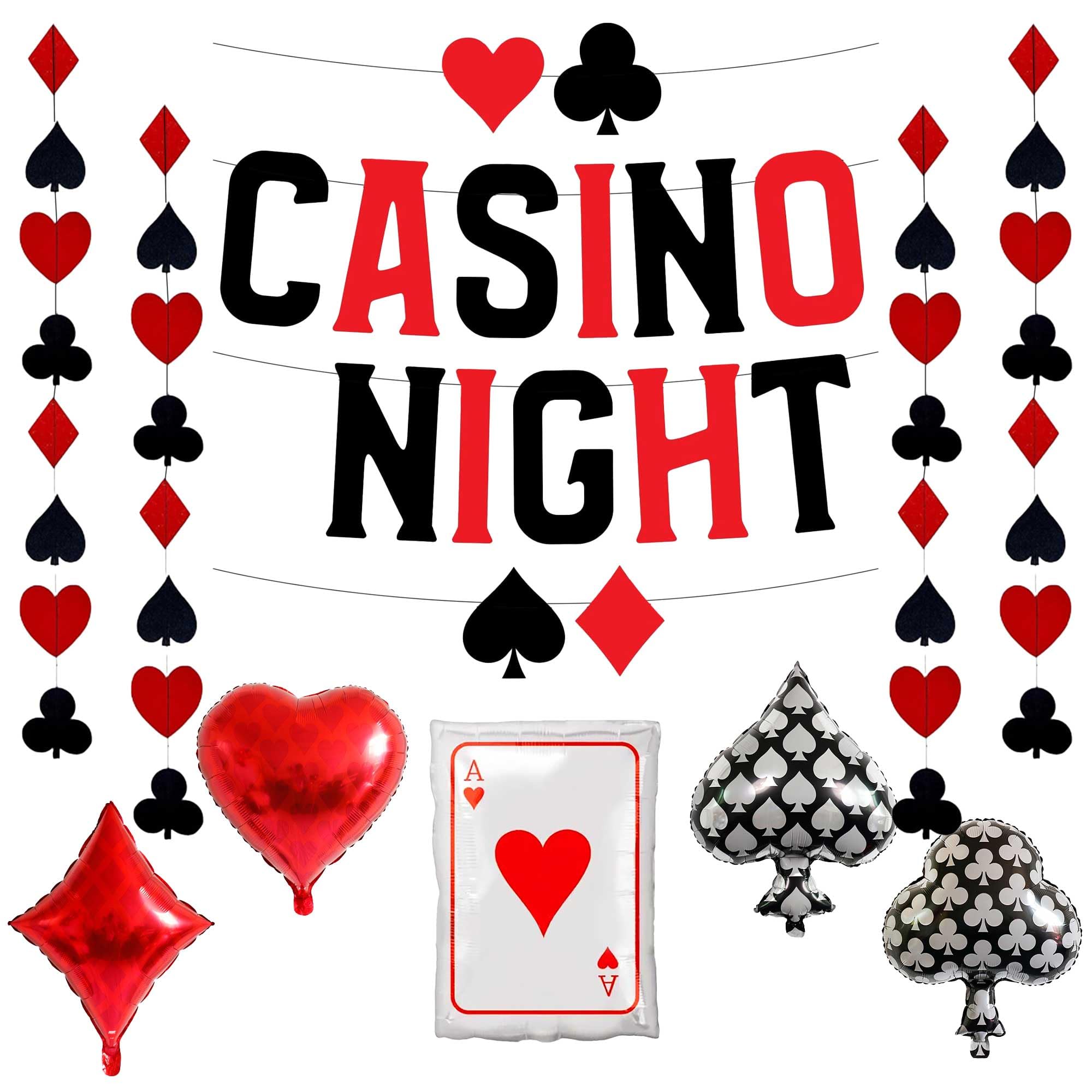 Casino Night Party Decorations Include Playing Cards Dice Spades Hearts Foil Balloons