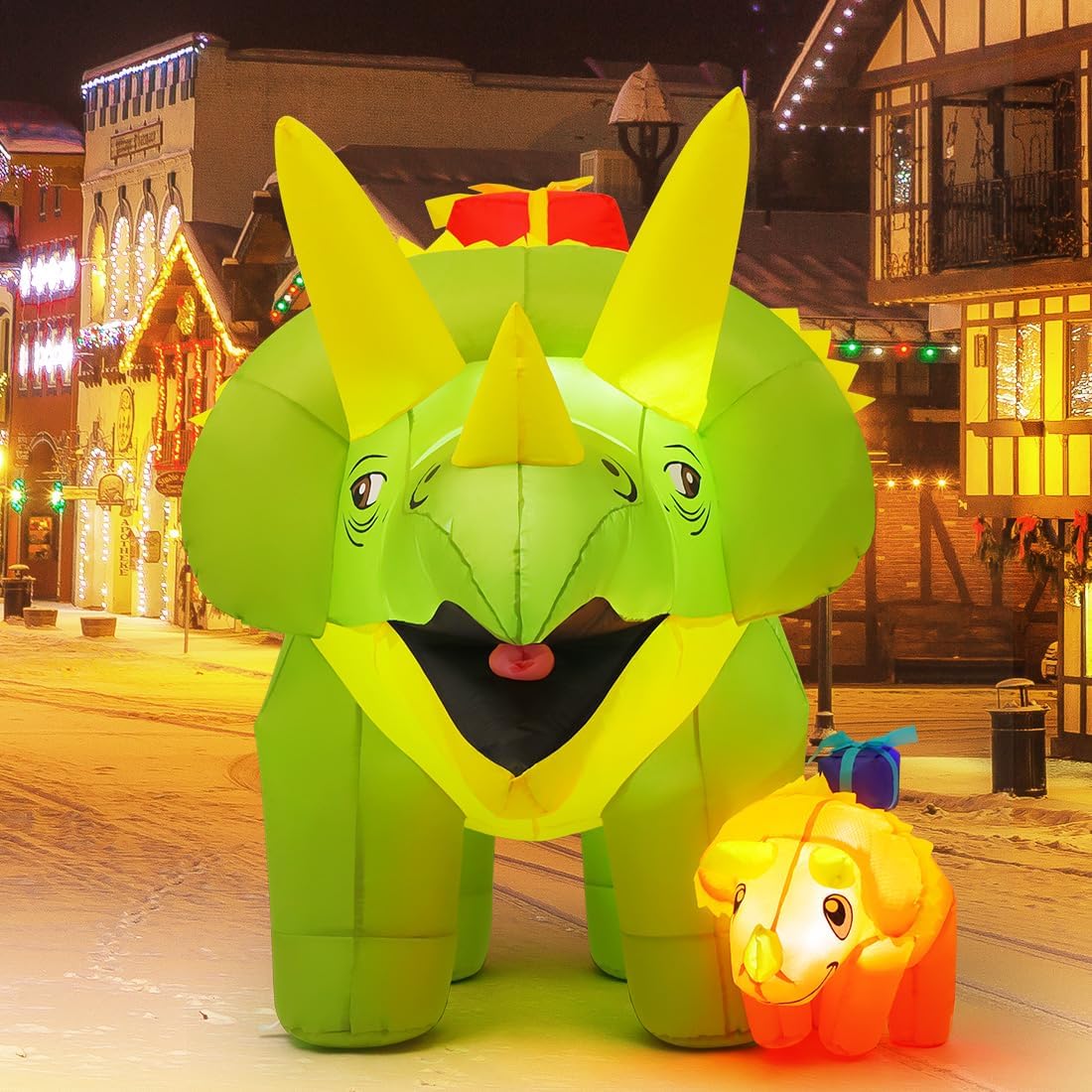 GOOSH 7.5 FT Length Christmas Inflatables Dinosaur Outdoor Decorations Blow Up Green Triceratops with Baby Dino Yard Decorations with Built-in LED Lights for Garden Lawn Outdoor Yard Xmas image 3