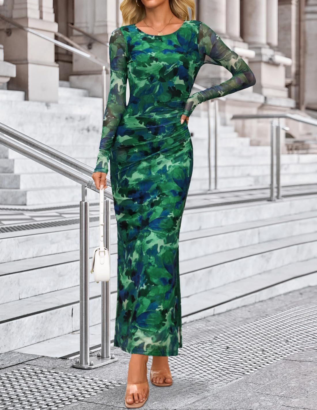 ZESICA Women's Long Sleeve Floral Maxi Dresses 2026 Fall Bodycon Crewneck Side Slit Ruched Fitted Party Long Dress - Image 2