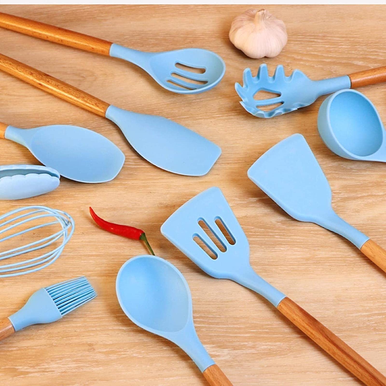 Langlebige Küchenutensilien-Set mit Halter 12-teilig Exquisite BPA-frei Holzgriff Silikon-Utensilien-Set Küchenhelfer