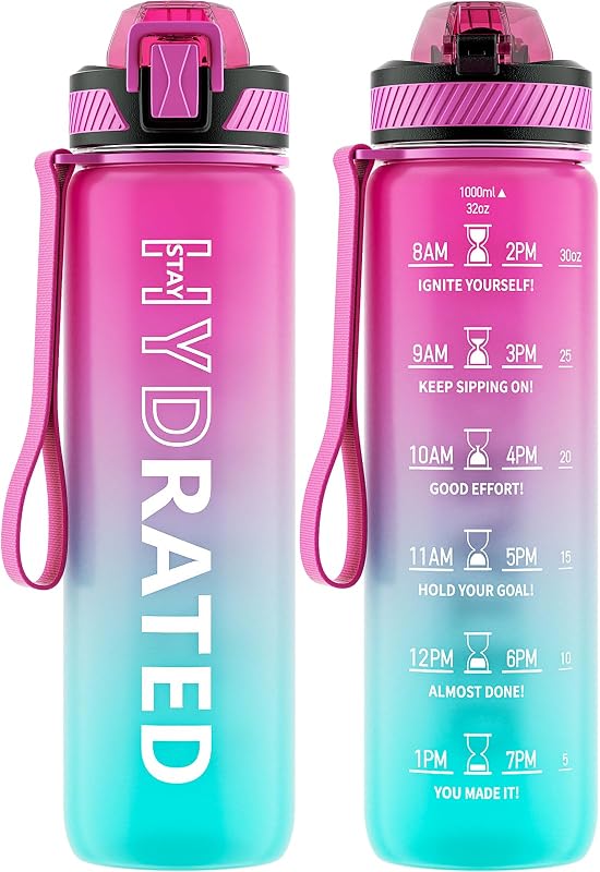 QLUR Botella de agua con pajita, botellas de agua motivacionales de 32 oz con marcador de tiempo para beber, sin Tritan BPA, botella de agua deportiva de 1 litro con correa de transporte a prueba de fugas para mujeres, gimnasio, fitness al aire libre (1 paquete)