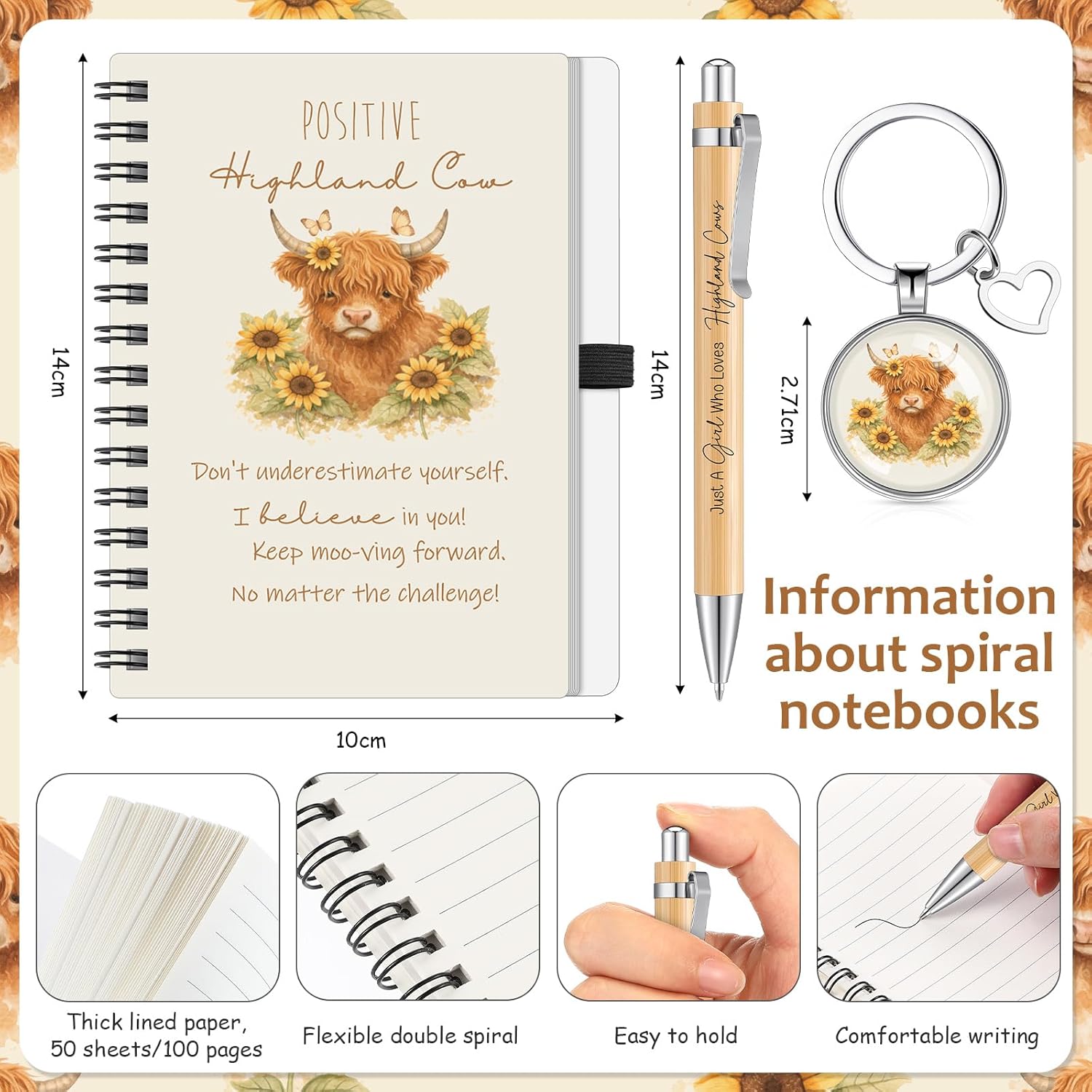 Sadnyy 6pcs Highland Cow Gift Sets for Women Highland Cow Unique Gift Set with Novelty Socks Makeup Bag Keychain Notebook Tote Bag and Pen for Mom Animal Lover Birthday Gifts