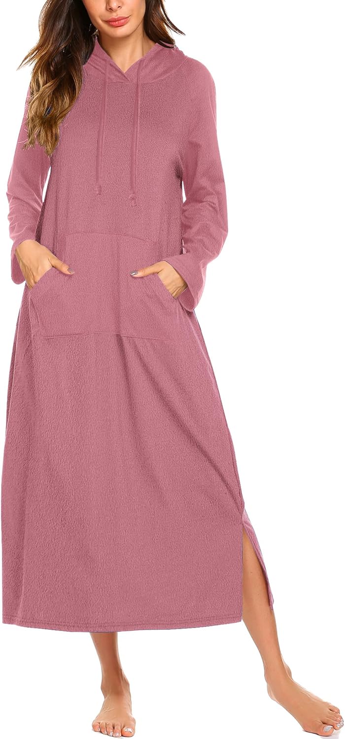 Ekouaer Nightgowns for Women Fleece Nightgown Long Sleeve Sleepwear Hooded Night Gown Long Sleep Shirt with Pocket