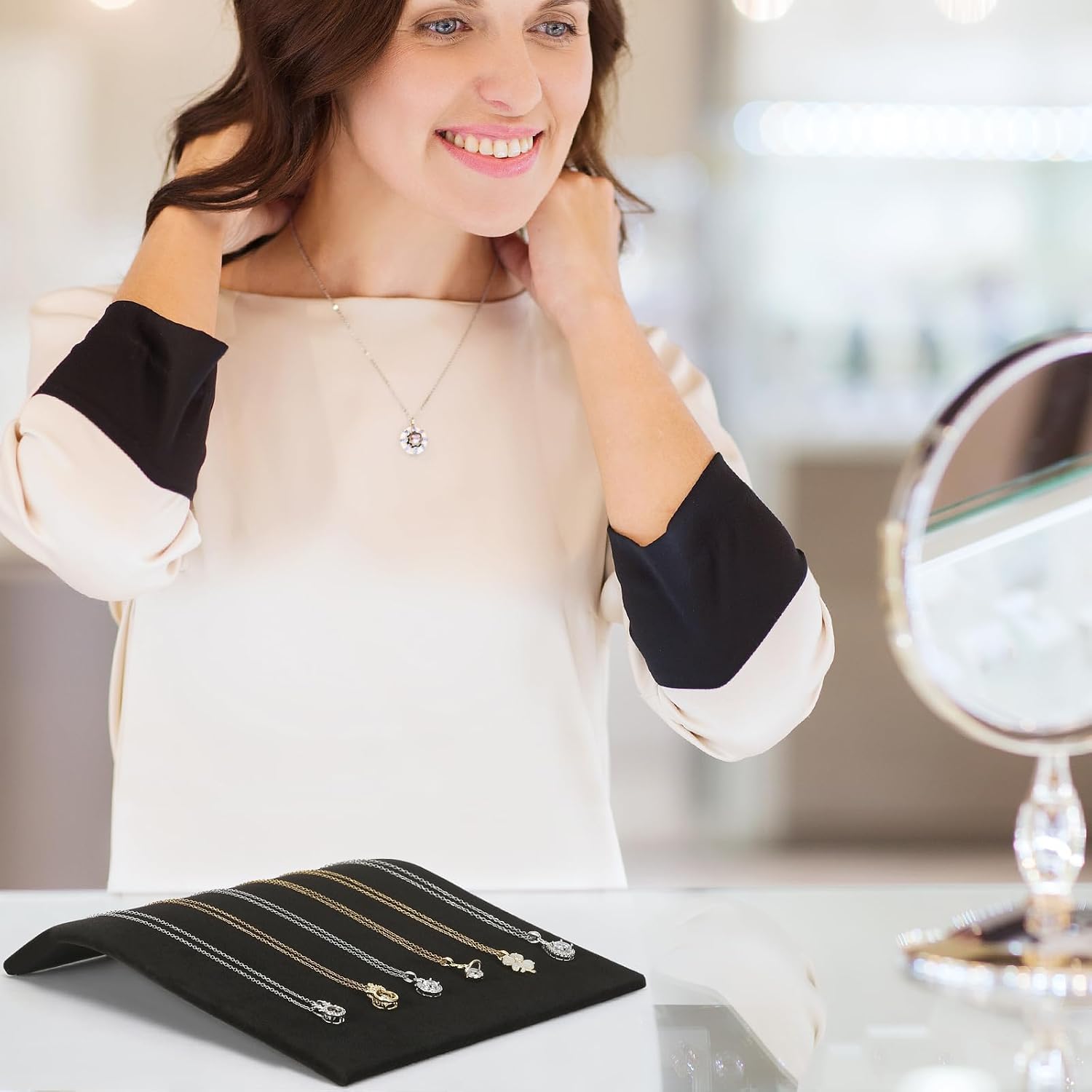 KUKUVR Velvet Arch-Shaped Necklace Display Stand (Black) | Cambered Design, Jewelry Organizer Storage Tray, for Bracelet Necklaces Pendant Chain Watch, for Women, for Home Selling Show