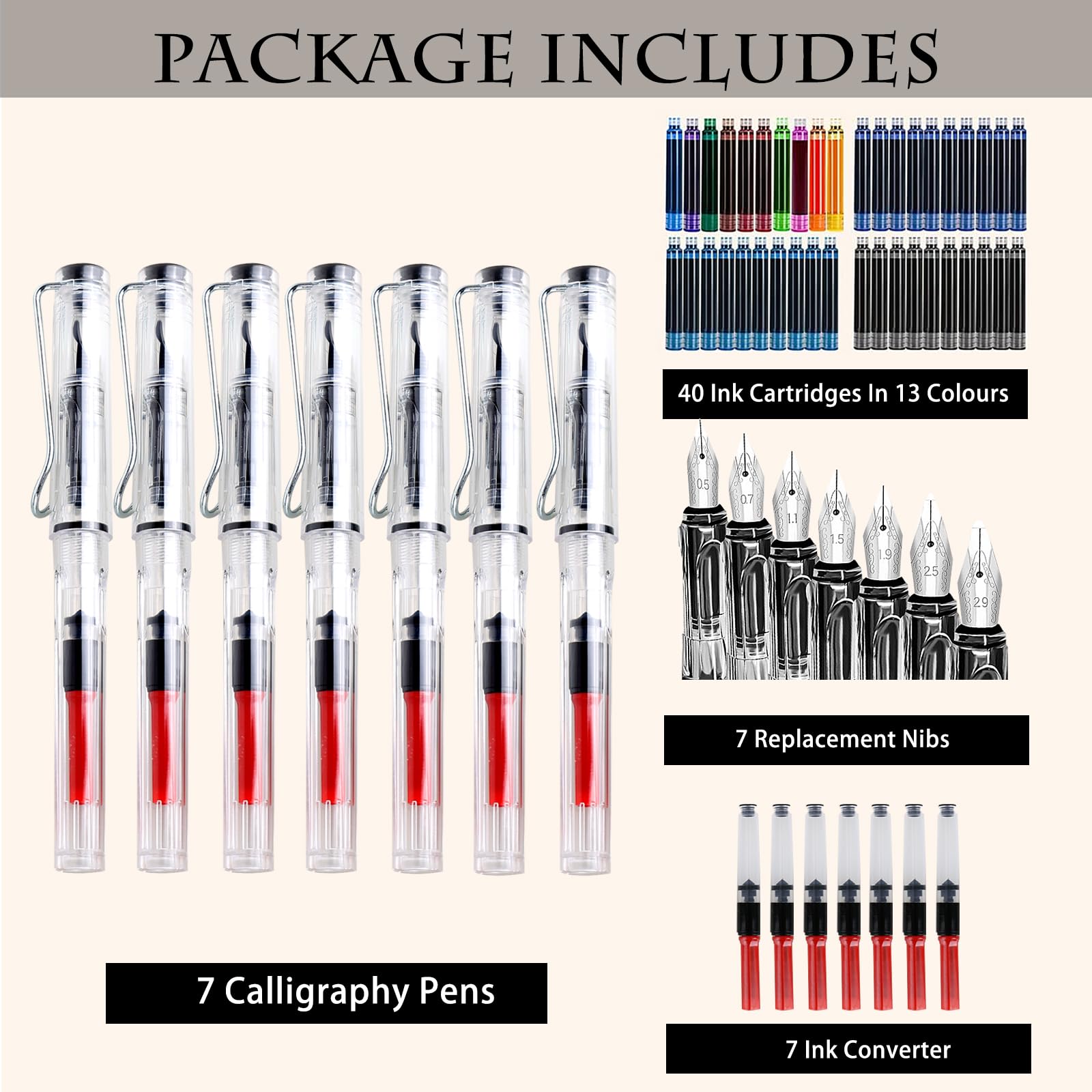 Lot De 7 Stylos Calligraphie Avec 40 Cartouches 13 Couleurs - Kit Débutant Pour Écriture Et Dessin