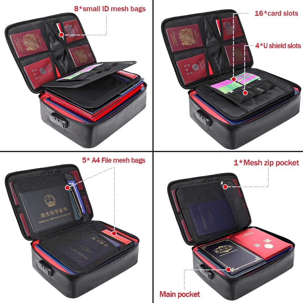 Fireproof Document Organizer Bag,Home Office Travel Safe Bag with Lock,Multi-Layer Portable Filing Storage with Handle,File Passport Certificates Laptop Black