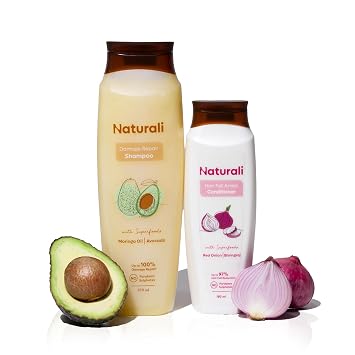 Naturali Damage Repair Shampoo + Hair Fall Arrest Conditioner | For Dull Damaged Hair | Reduces Hair fall, Breakage, Frizziness | Strengthens Hair | Avocado Shampoo, Onion Conditioner | 370ml+180ml