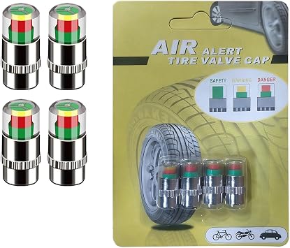 4Pcs Tyre Valve Caps Smart Tire Pressure Monitor Valve Caps Tyre Pressure Caps for Cars Copper Tire Pressure Sensors with 3-Color Indicator for Car Truck Motorcycle Bicycle Anti-Dust Stem Covers