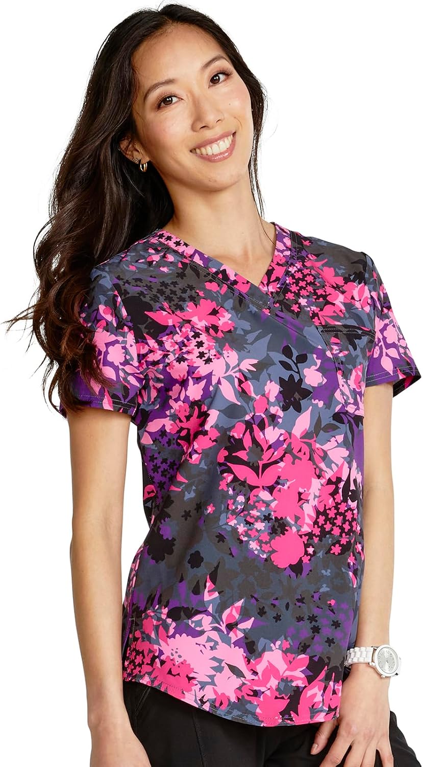 Cherokee Scrubs for Women V-Neck Printed Scrub Top Modern Classic Fit with 3 Pockets, Shaping Darts & Side Vents - CK664