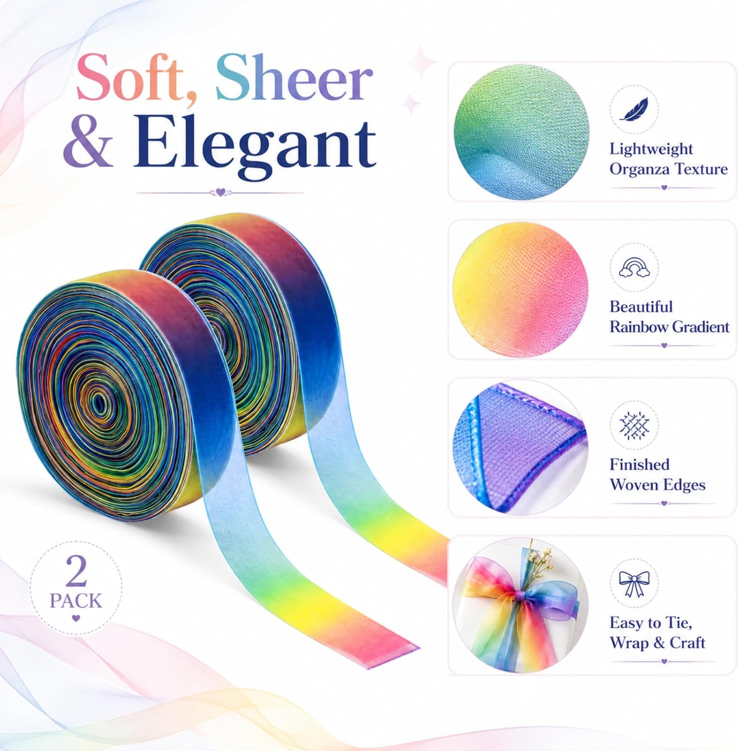 Shappy 2 Pack Rainbow Sheer Organza Ribbon, 1 Inch x 100 Yard Total Chiffon Ribbon 50 Yard Per Roll for Wedding Bouquet Gift Wrapping Bridal Shower Party Decor