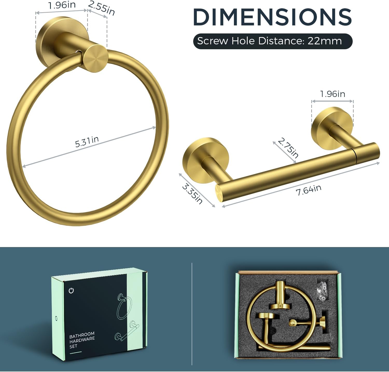 Forious Gold Toilet Paper Holder *2 and Towel Ring Set, Wall Mounted, Double Post Pivoting Toilet Paper Holder Gold SUS 304 Stainless Steel