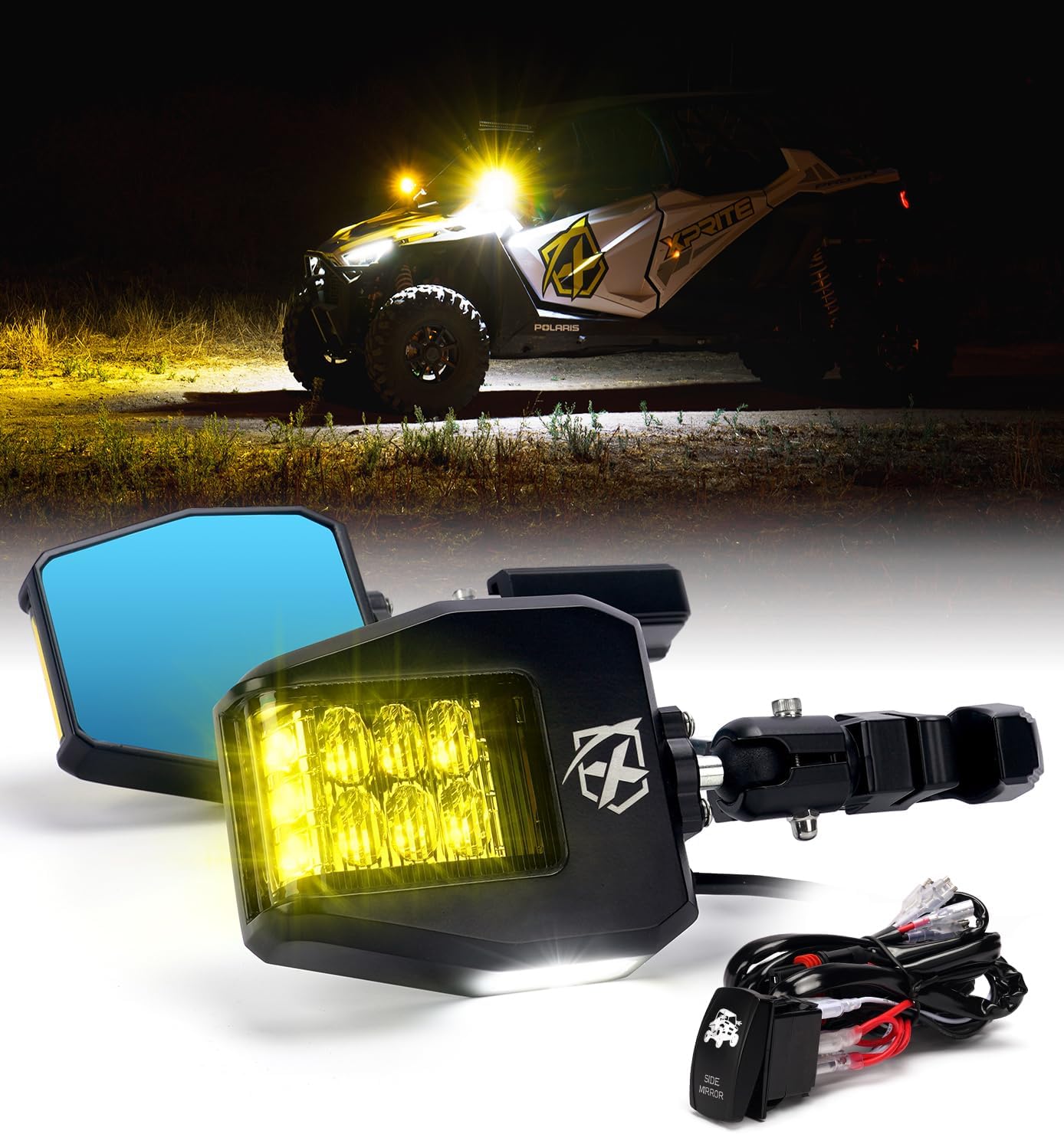 Xprite UTV Side Mirrors 2025 New Amber Light Aluminum w/Puddle Lights, Fits 1.75"-2 Inch Roll Cage Bar Compatible with Polaris RZR Pioneer, SXS, Can-Am X3, Kawasaki Teryx Mule, Yamaha Rhino Wolverine