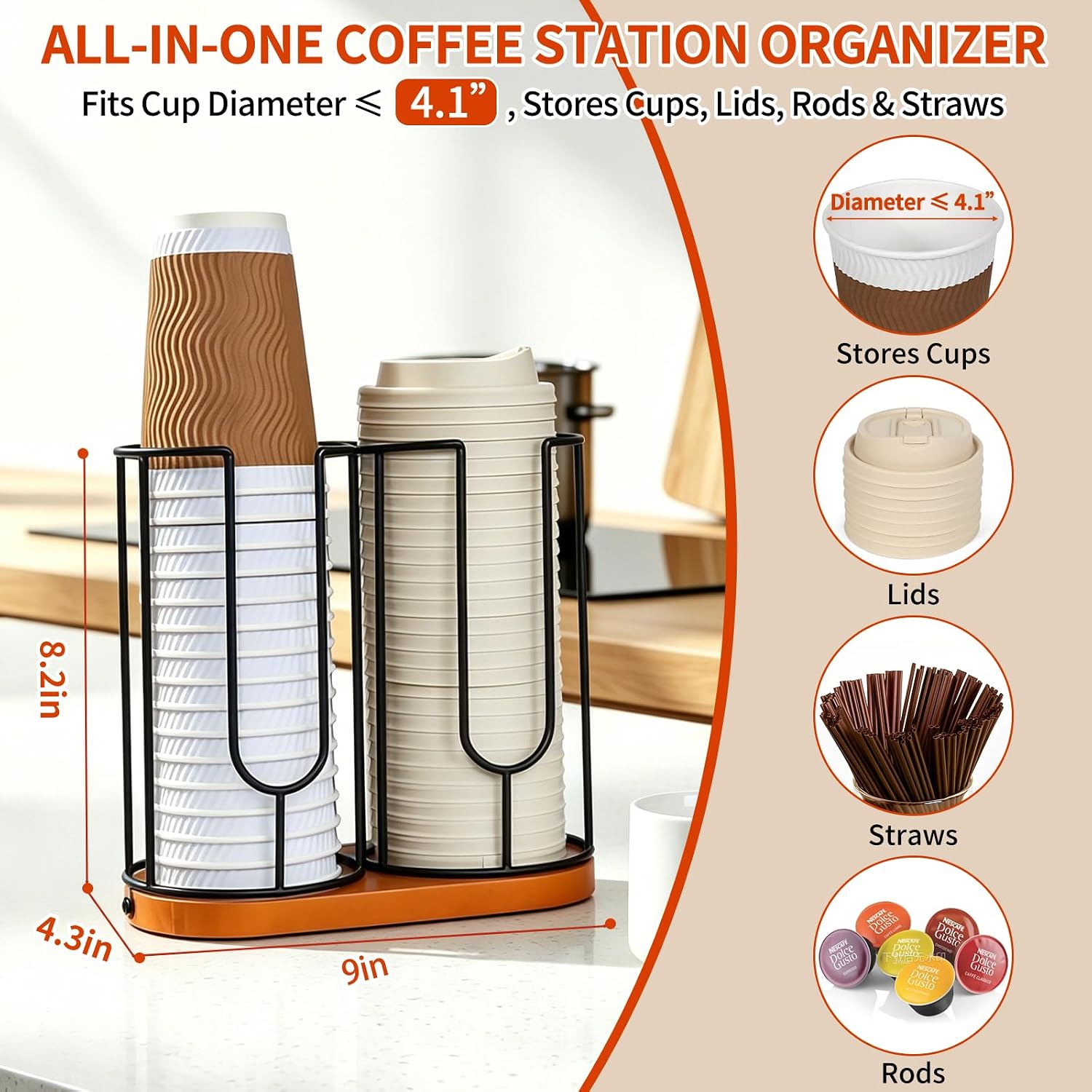 2-Slot Coffee Cup Dispenser Wood Metal Tabletop Organizer
