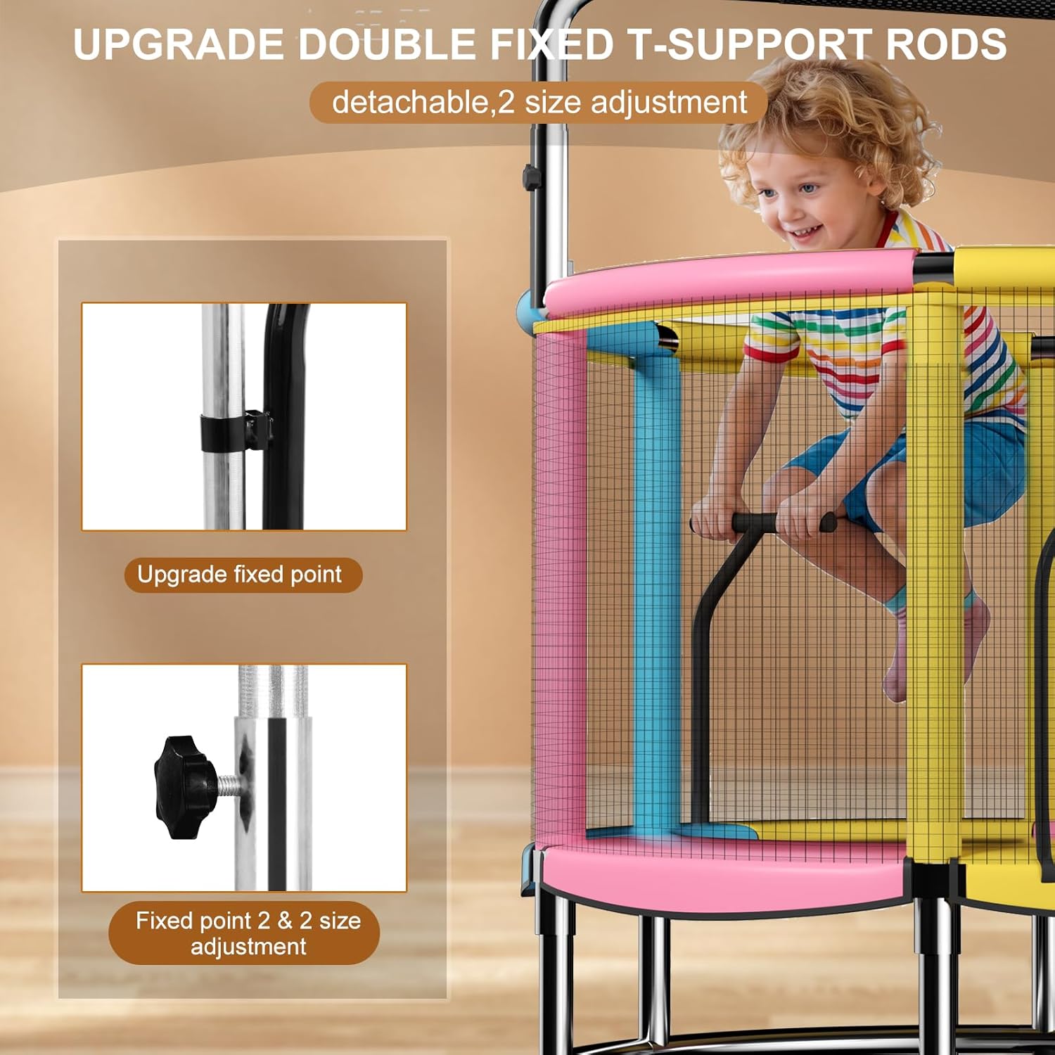 55" Trampoline for Kids,Up to 440 Ibs Mini Trampoline with Anti-Rollover Round Bottom,Indoor & Outdoor Toddler Trampoline with Safety Enclosure,Adjustable Gymnastics Bars,Basketball Hoop