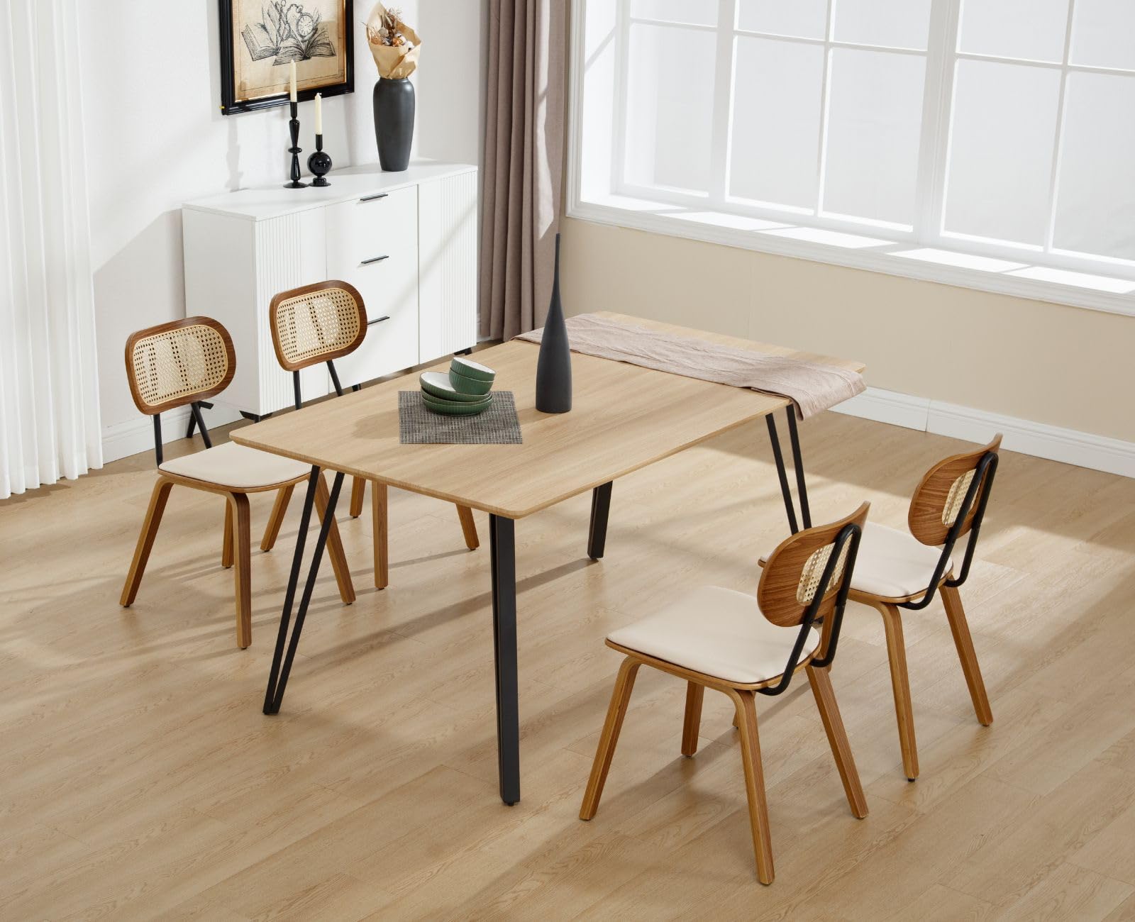 Ya-Home Set di 2 Sedie da Pranzo in Rattan Sedie da Cucina con Cuscino in Ecopelle Sedia da Salotto Imbottite con Gambe in Legno Design Retrò per Sala da Pranzo/Soggiorno