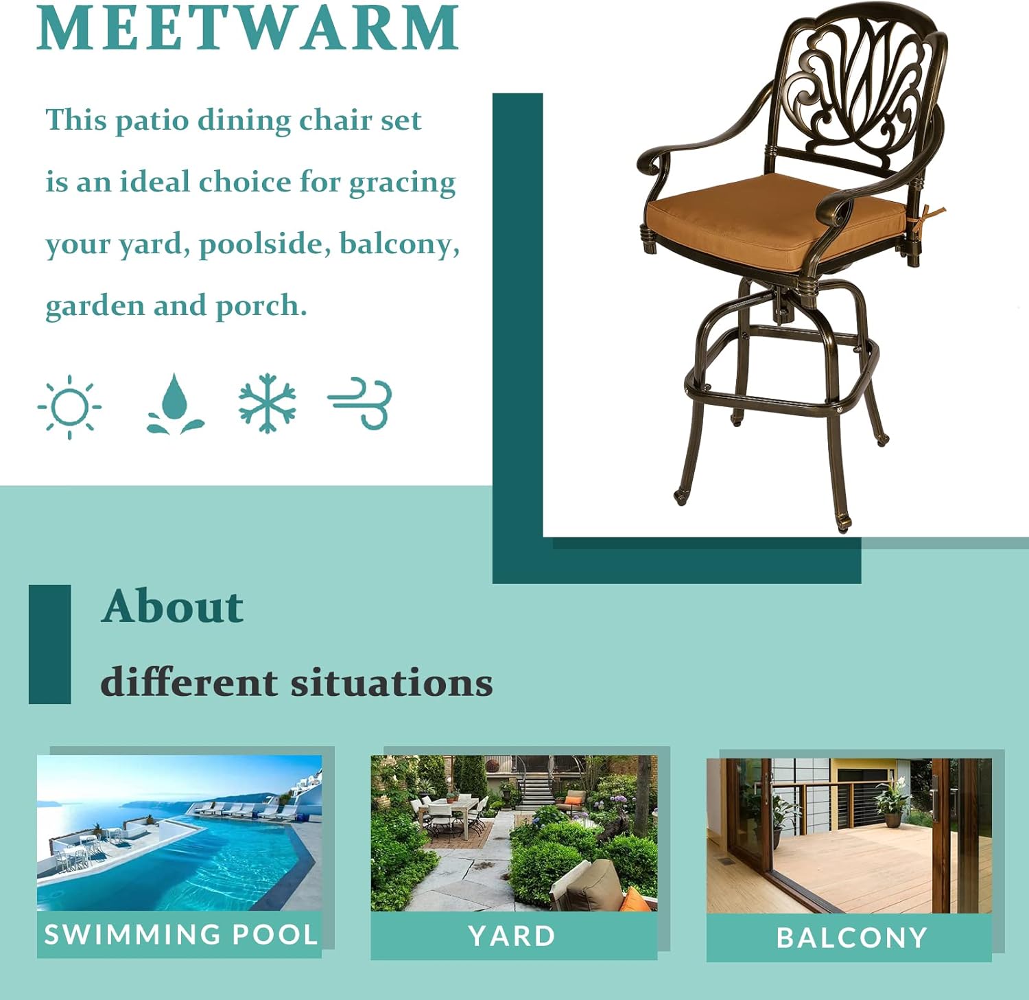 MEETWARM 2 Piece Outdoor Patio Swivel Bar Stools, All-Weather Cast Aluminum Bar Height Bistro Chairs, Outdoor Furniture Bar Dining Chair Set with Cushions for Garden Deck Backyard, Dark Bronze
