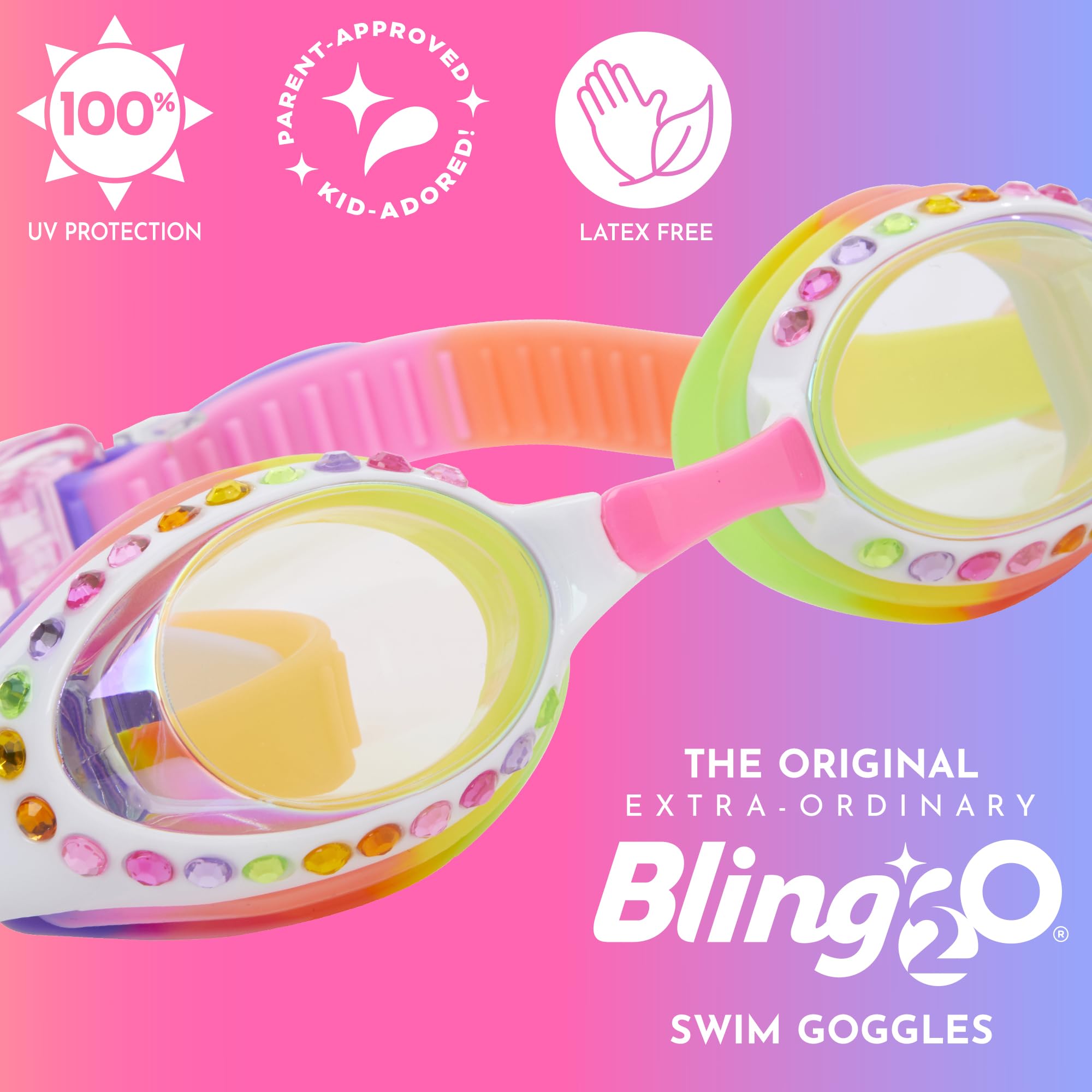 Bling2o Okulary pływackie dla dzieci – kolorowe zwiewne okulary pływackie z wygodnym zapięciem dla dziewcząt – wzór w kolorze konfetti – przeciwmgielne, nie przecieka, antypoślizgowe, ochrona przed promieniowaniem UV z twardym etui podróżnym – 8+