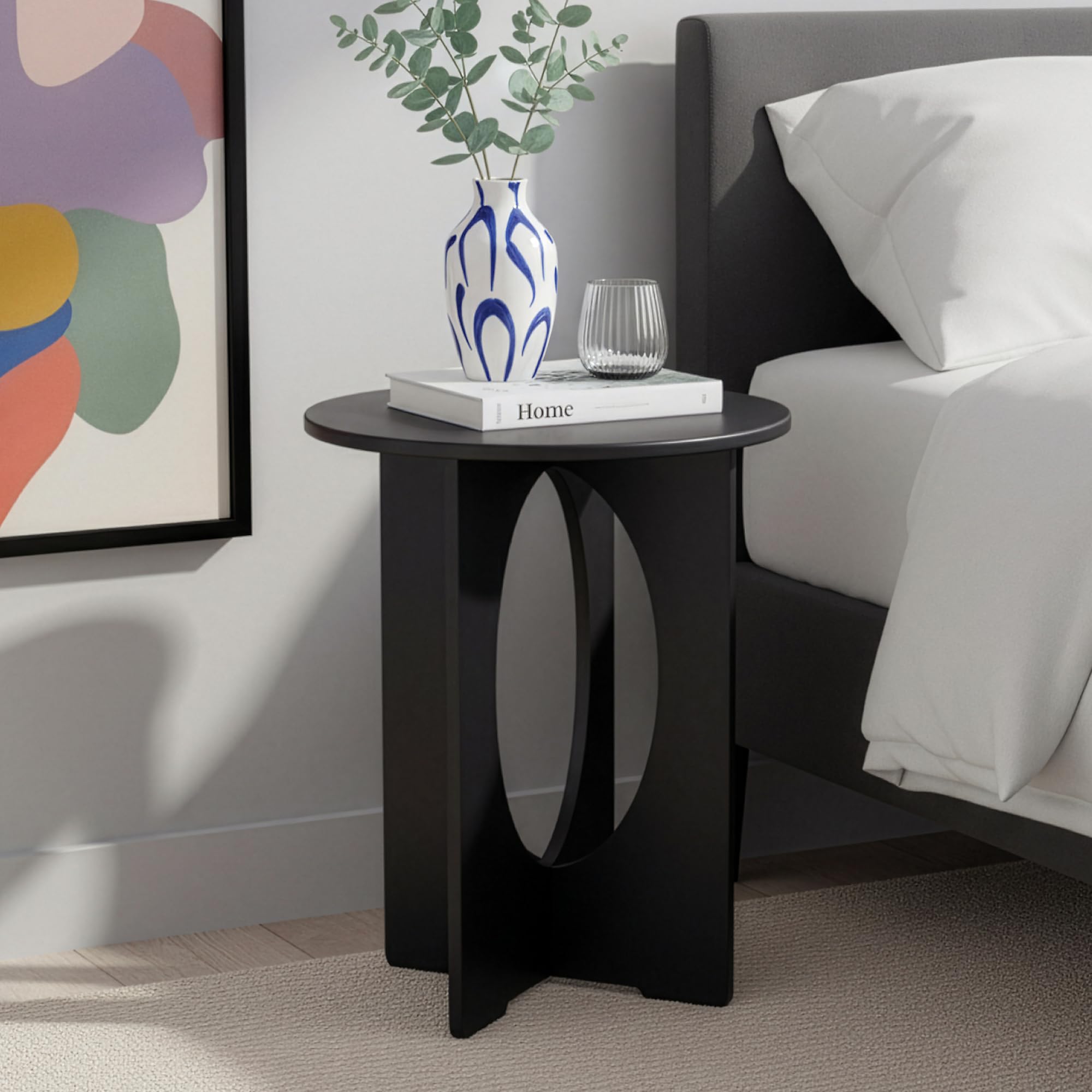 [en.casa] Tavolino Laterale con Piano Rotondo Tavolo Basso da Divano Poltrona con Struttura Geometrica per Soggiorno Camera da Letto Ingresso 49 x Ø40 cm - Nero