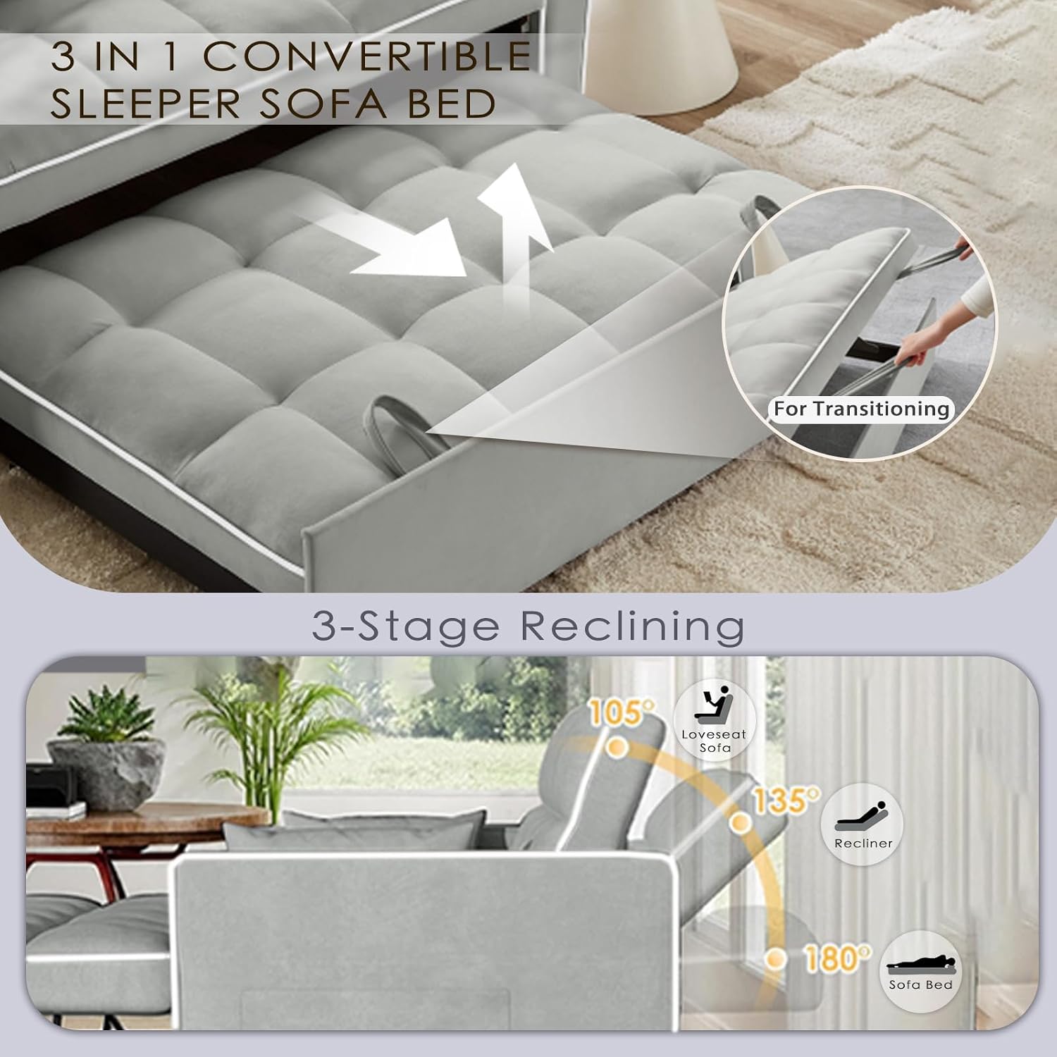 Dreamzie 3-in-1 Sleeper Sofa Bed Swivel Phone Stand USB Port Cup Holder Grey
