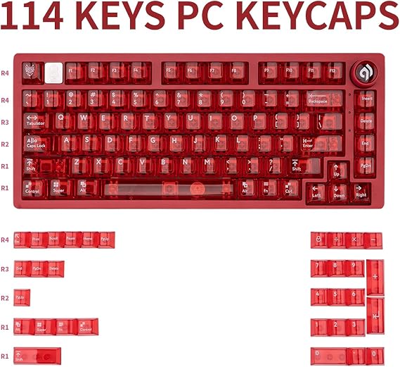Kristal Kırmızı Şeffaf Keycaps Seti, 114 Tuşları Serin Şeffaf Keycaps ANSI RGB Oyun Klavyesi, PC Malzeme Kiraz Profili Keycaps Yüzde 60 Özel Kiraz Mx Keycaps Arkadan Aydınlatmalı