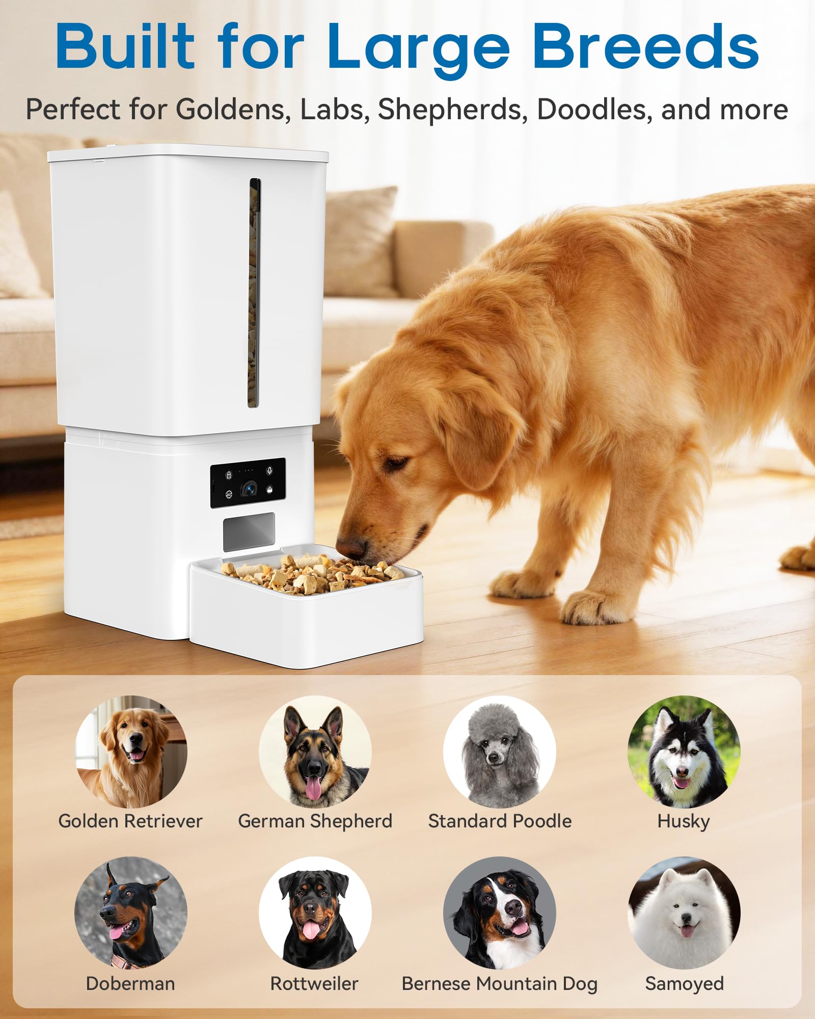 Comedero automático para perros de razas grandes, 15L/63 tazas: se alimenta durante 18-25 días, diseño antiobstrucciones para croquetas de 2 a 23 mm, dispensador automático de alimentos para perros
