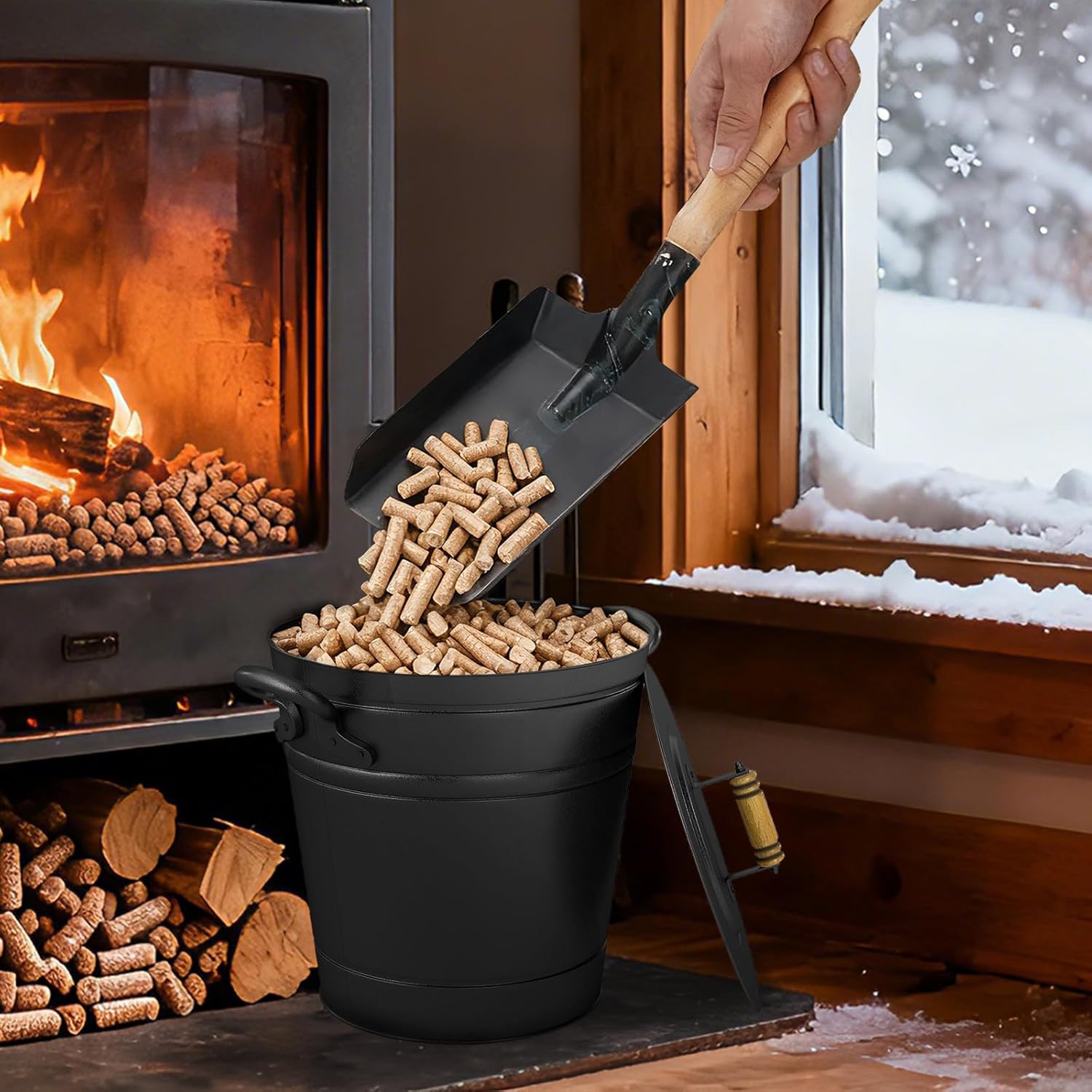 Tangkula 3 Gallon Ash Bucket with Lid, Galvanized Metal Coal Ash Cleaning Can w/Mango Wood Handle & Dual Side Handles, Indoor & Outdoor Fireplace Tool Ash Pail for Fire Pits Wood Burning Stoves