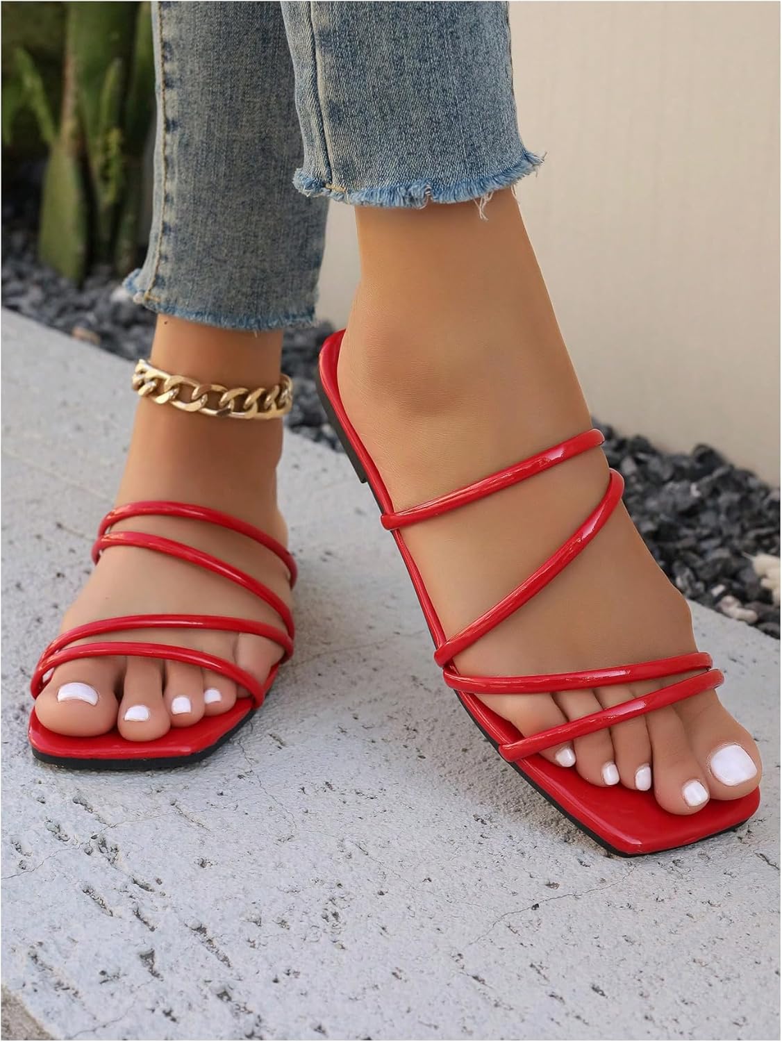 GORGLITTER Women's Strappy Flat Sandals Cute Dressy Open Toe Slip on Slide Sandals - Image 5