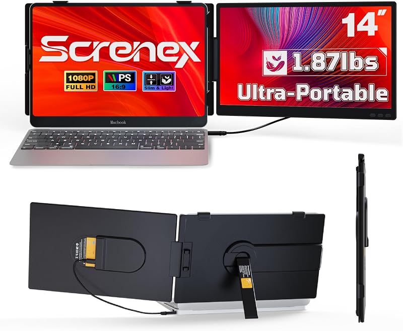 Laptop Screen Extender 0.27" Ultra-Thin, 14" FHD 1080P IPS Lightweight Dual Portable Monitor, USB-C/HDMI Plug & Play for 13-17" Laptops, Travel screen compatible with Windows/Mac/Chrome/Switch/Android
