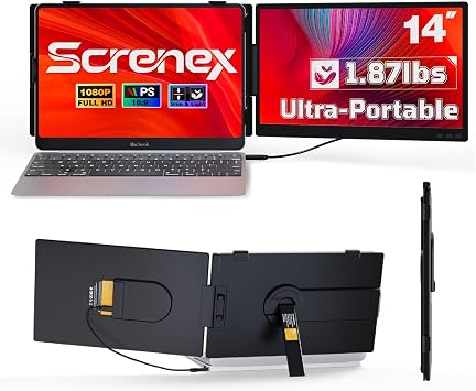 موسع شاشة الكمبيوتر المحمول 0.27 بوصة فائق النحافة، 14 بوصة FHD 1080P IPS شاشة محمولة مزدوجة خفيفة الوزن، USB-C/HDMI Plug & Play لأجهزة الكمبيوتر المحمولة مقاس 13-17 بوصة، شاشة سفر متوافقة مع Windows/Mac/Chrome/Switch/Android