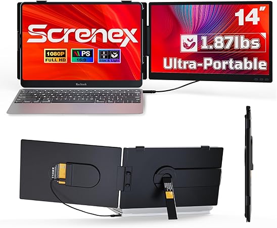 Laptop Screen Extender 0.27" Ultra-Thin, 14" FHD 1080P IPS Lightweight Dual Portable Monitor, USB-C/HDMI Plug & Play for 13-17" Laptops, Travel screen compatible with Windows/Mac/Chrome/Switch/Android