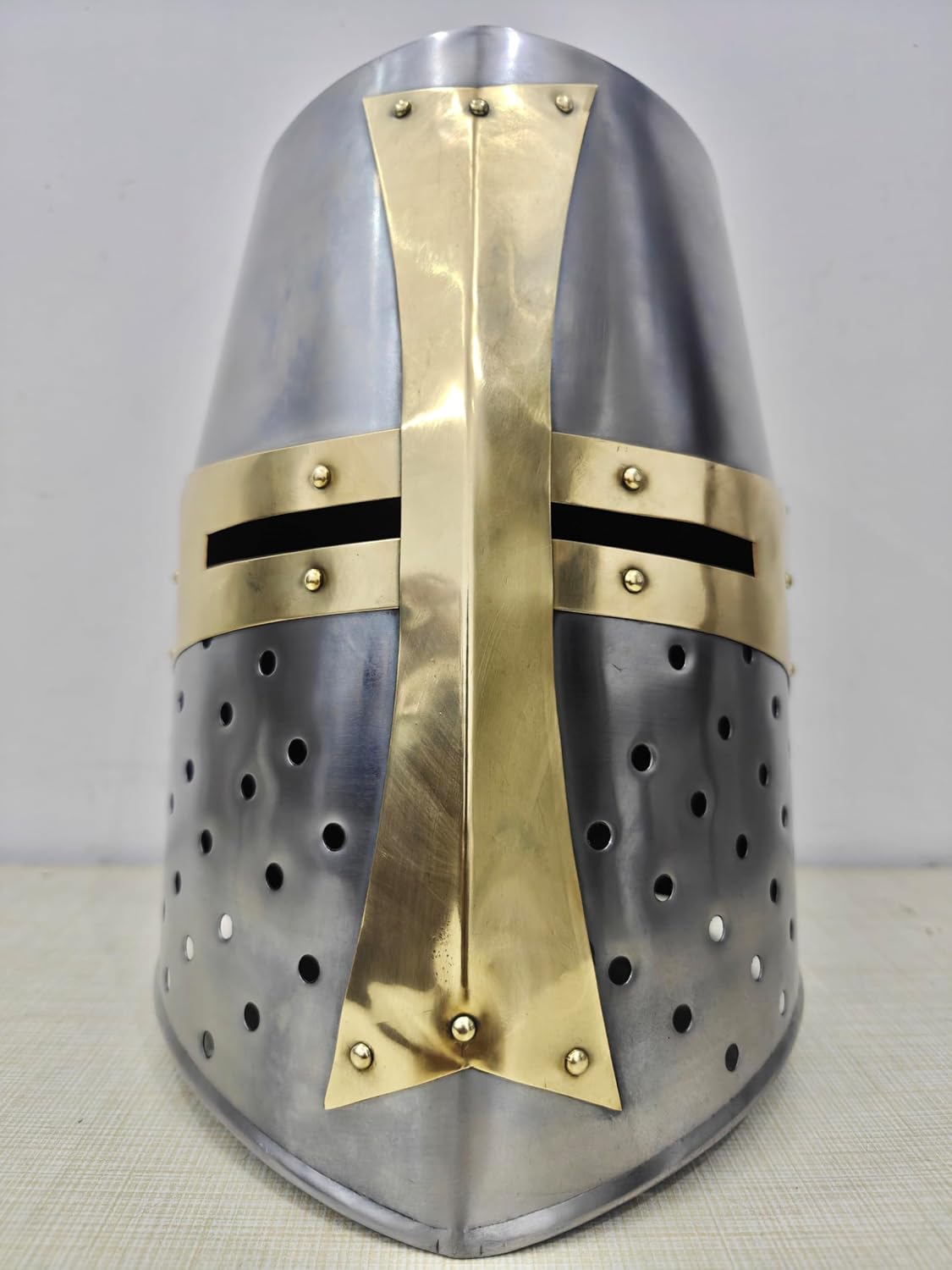 Medieval Crusader Great Helm, Knight Templar Replica Helmet, Silver and Brass Finish, Adult Costume Armor