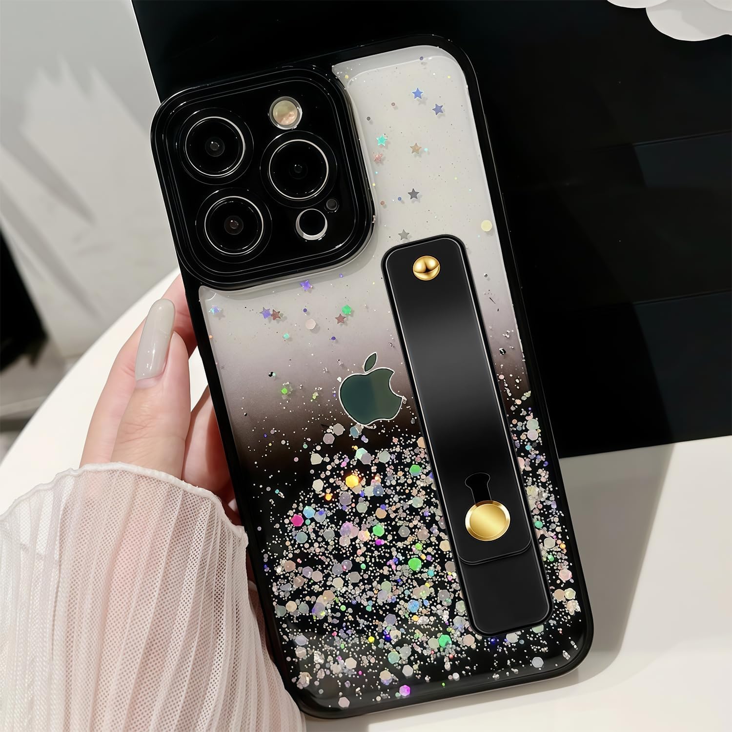 siduater Strap Case for 6.7" iPhone 15 Pro Max with Wristband Kickstand, Bling Glitter Sparkle Clear Cover Soft TPU Bumper Adjustable Hand Grip Loop for iPhone 15 Pro Max 6.7 Inch, Black - Image 9