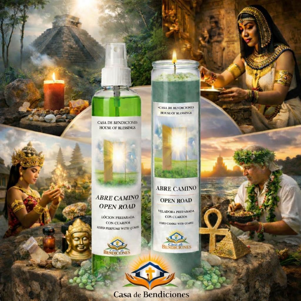 ABRE Camino- Open Road, LOCION Y VELADORA Preparada con Cuarzos-Fixed Perfume and Candle with Quartz, Lightly Scented