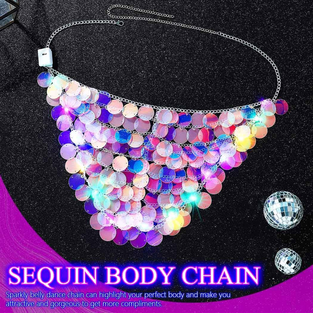 GRAEEN Light Up Sequin Mermaid Skirt Sparkly Glowing Waist Body Chain Rave Outfits for Women (Style A)