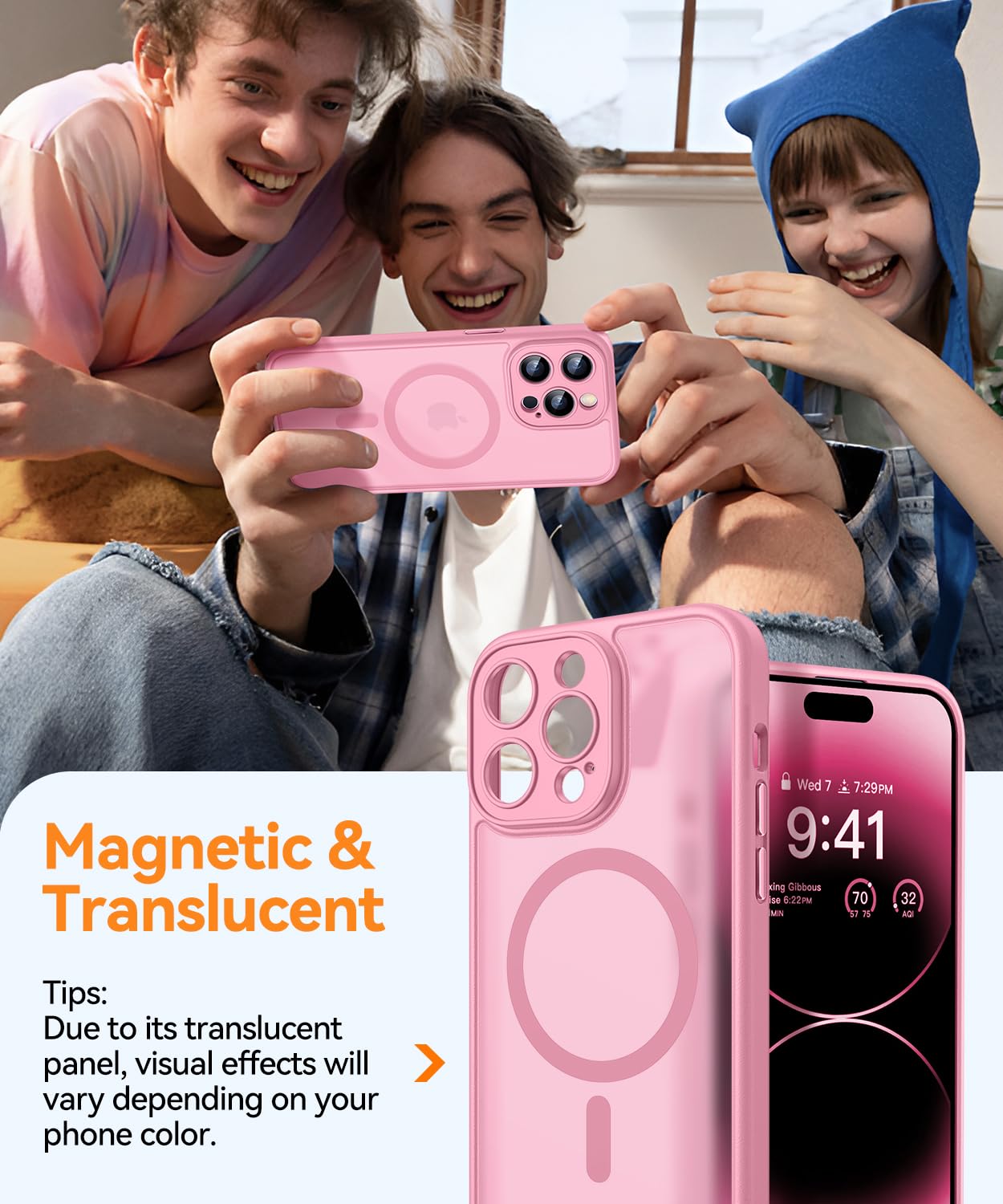 CANSHN Cover Magnetica per iPhone 14 Pro Max(6,7 Pollici), Compatibile con MagSafe, [Protezione Completa Della Fotocamera], Custodia Traslucida Opaca Protettiva Sottile Antiurto,Rosa